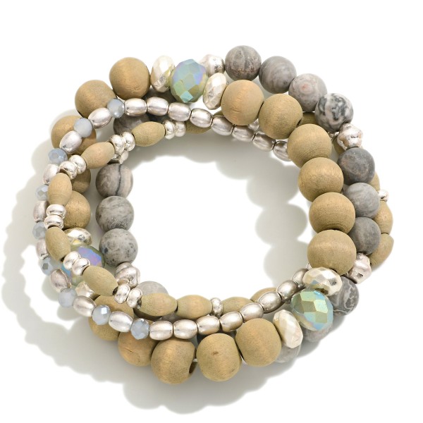 Wholesale set Four Beaded Stretch Bracelets Wood Semi Precious Natural Stone Bea