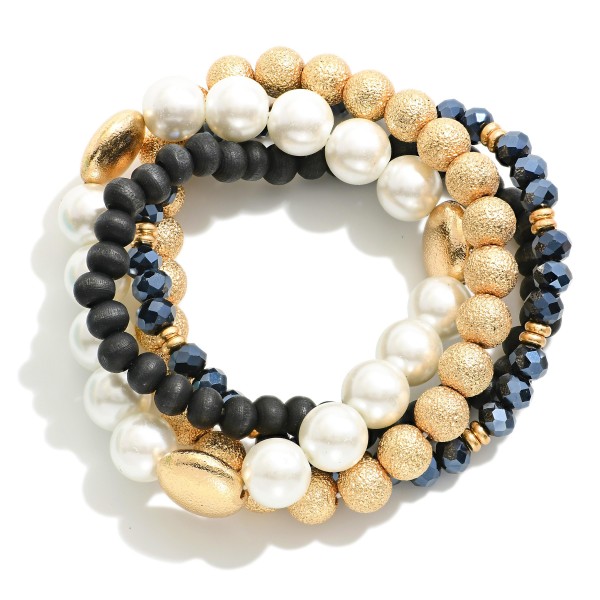 Wholesale set Four Mixed Media Stretch Bracelets Pearl Wood Textured Metal Beads
