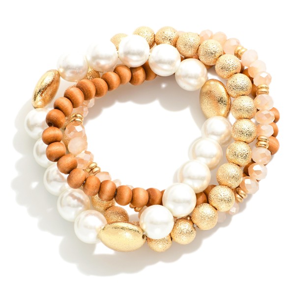 Wholesale set Four Mixed Media Stretch Bracelets Pearl Wood Textured Metal Beads