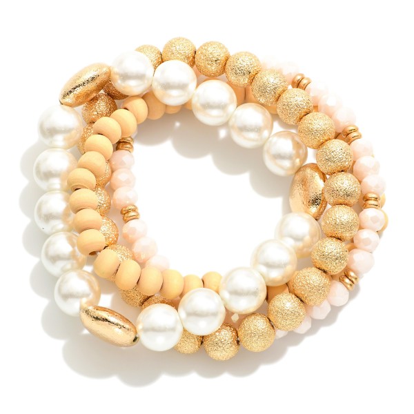 Wholesale set Four Mixed Media Stretch Bracelets Pearl Wood Textured Metal Beads