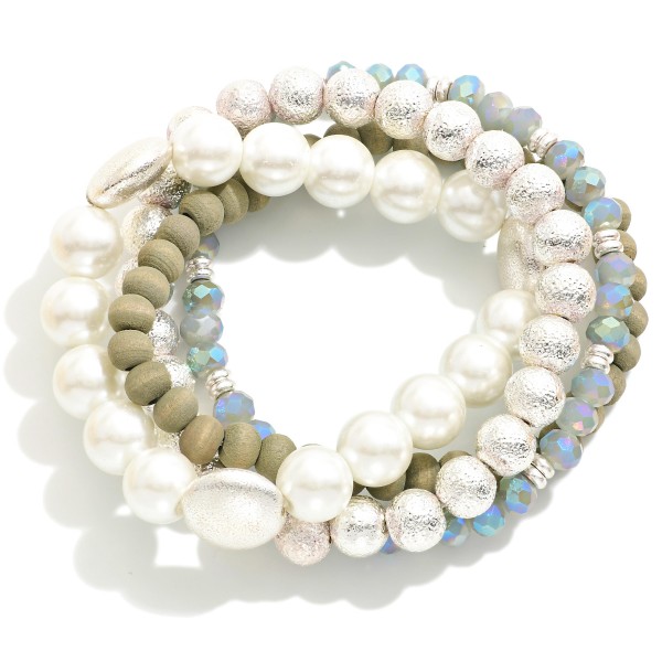 Wholesale set Four Mixed Media Stretch Bracelets Pearl Wood Textured Metal Beads