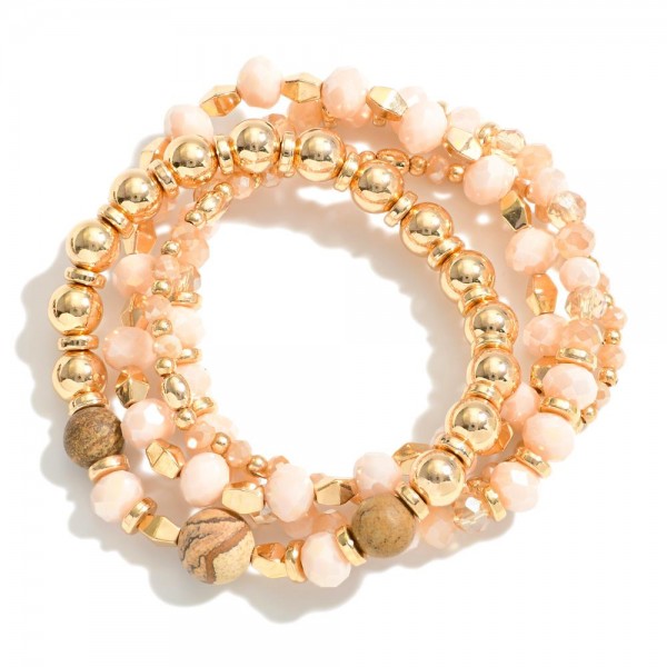 Wholesale set Three Beaded Stretch Bracelets Gold Tones Semi Precious Stones Fac