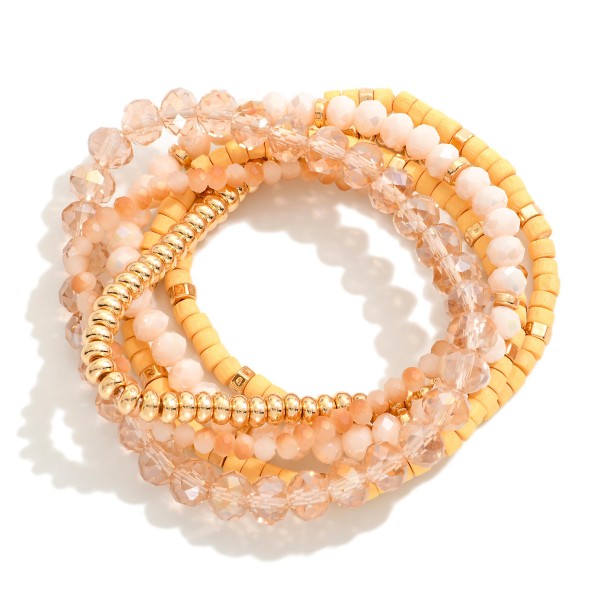 Wholesale set Six Mixed Media Stretch Bracelets Wood Faceted Metal Beads D