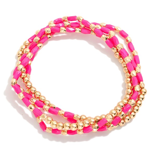 Wholesale set Four Beaded Stretch Bracelets Faceted Beads Metal Tones D
