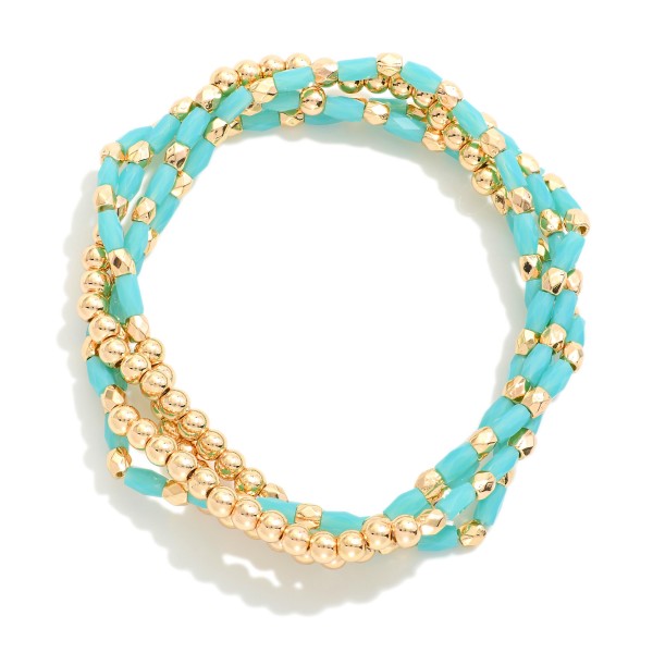 Wholesale set Four Beaded Stretch Bracelets Faceted Beads Metal Tones D