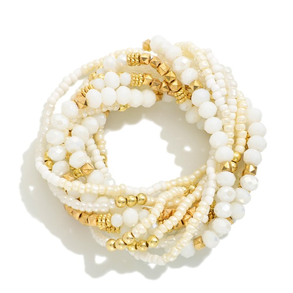 Wholesale set Ten Beaded Stretch Bracelets Metal Tones Glass Seed Beads D