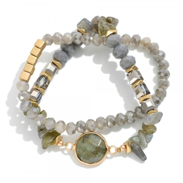 Wholesale set Two Beaded Stretch Bracelets Gold Tones Faceted Beads Stones D