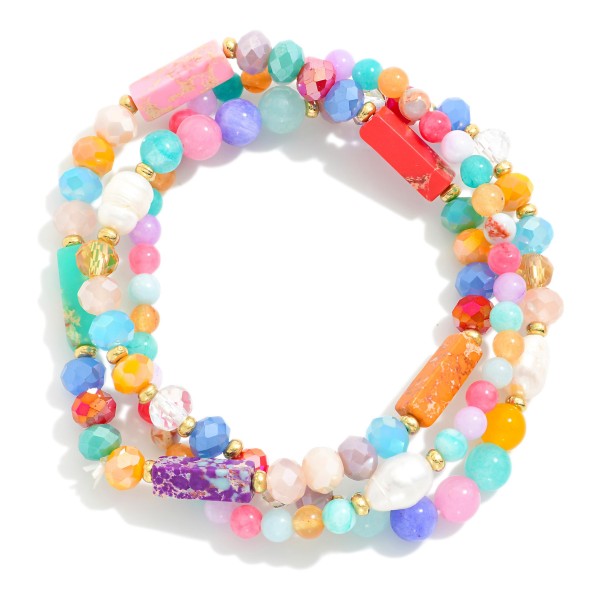 Wholesale set Three Faceted Natural Stone Beaded Stretch Bracelets D