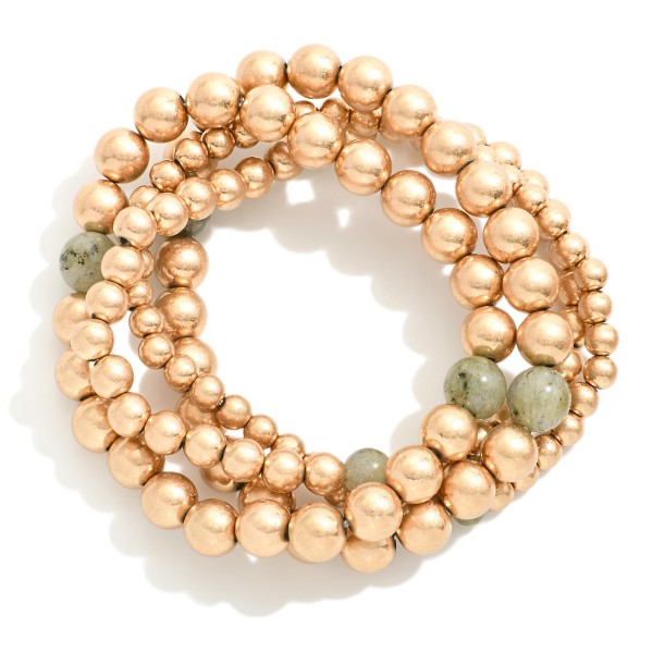 Wholesale set Four Metal Beaded Stretch Bracelets Natural Stone Bead Details D