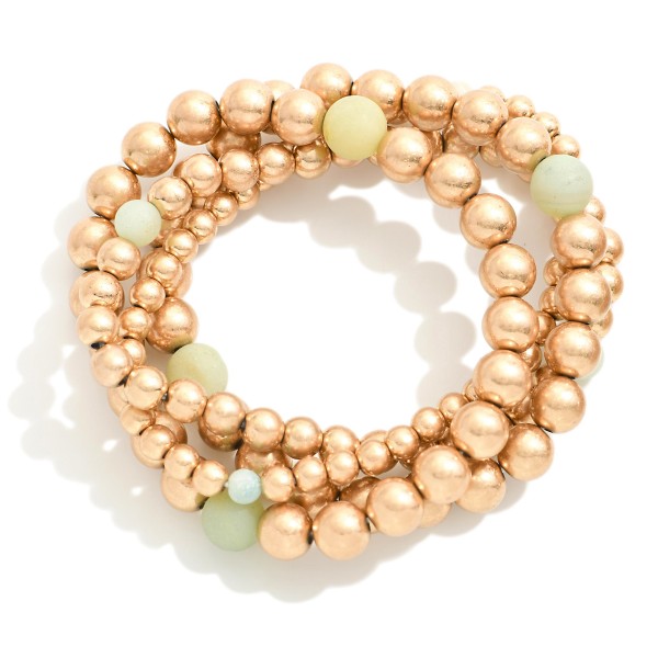 Wholesale set Four Metal Beaded Stretch Bracelets Natural Stone Bead Details D