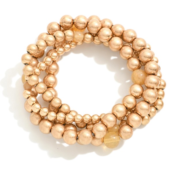 Wholesale set Four Metal Beaded Stretch Bracelets Natural Stone Bead Details D