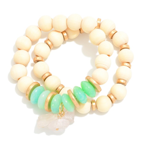 Wholesale set Two Wood Beaded Stretch Bracelets Natural Stone Disc Beads Raw Cry