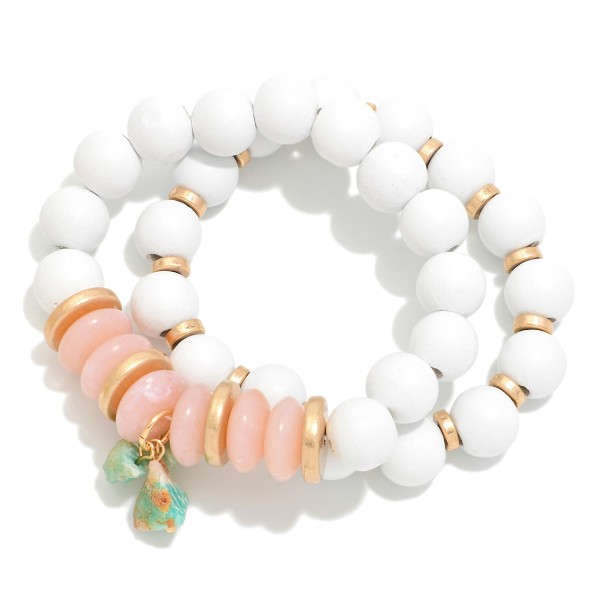 Wholesale set Two Wood Beaded Stretch Bracelets Natural Stone Disc Beads Raw Cry