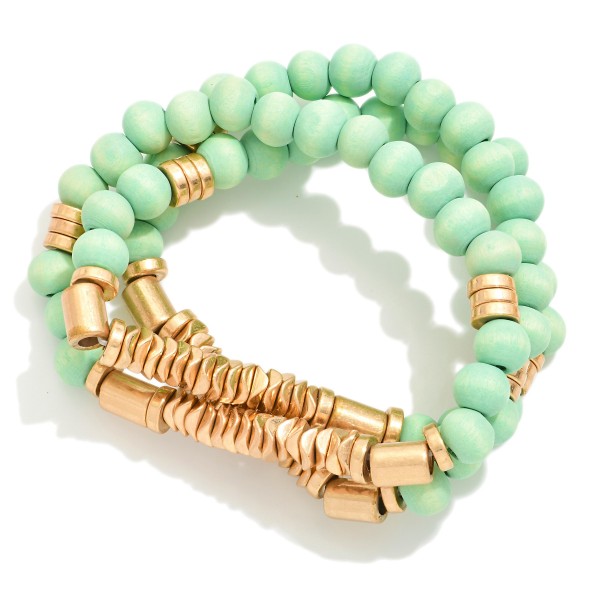 Wholesale set Three Wood Beaded Stretch Bracelets Gold Bead Details D