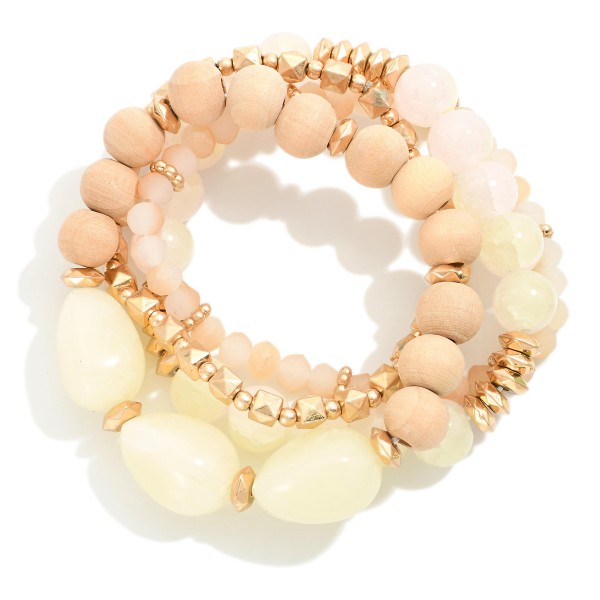 Wholesale set Four Beaded Stretch Bracelets Polished Natural Stone Wood Beads Go