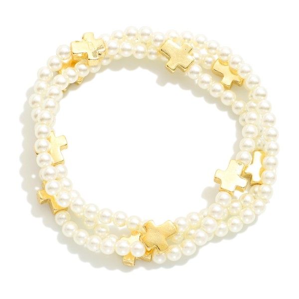 Wholesale set Three Pearl Beaded Stretch Bracelets Gold Cross Beads D