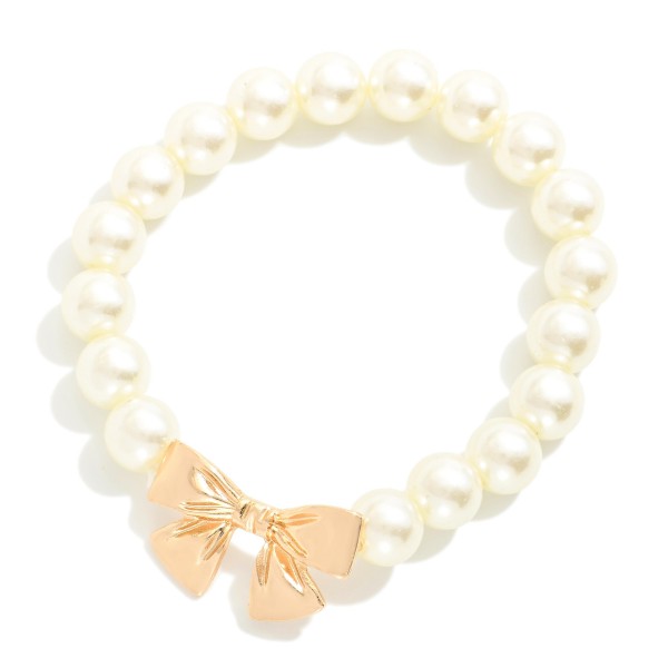 Wholesale pearl Beaded Stretch Bracelet Gold Bow D