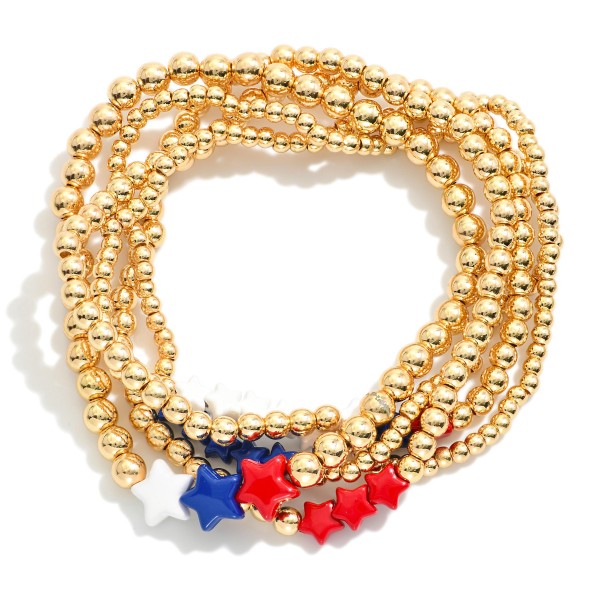 Wholesale set Five Metal Beaded Stretch Bracelets Red White Blue Star Beads
