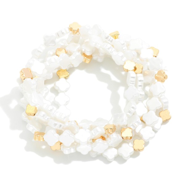 Wholesale set Five Pearl Clover Beaded Stretch Bracelets D
