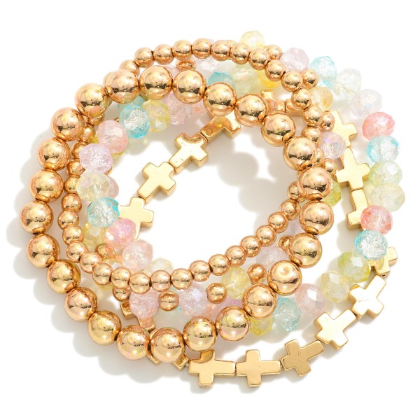 Wholesale set Five Faceted Glass Metal Beaded Stretch Bracelets Metal Cross Bead