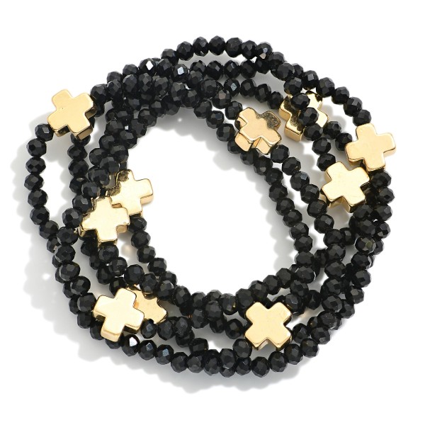 Wholesale set Five Faceted Glass Bead Stretch Bracelets Dainty Metal Gold Cross