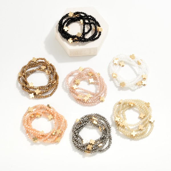 Set of Five Faceted Glass Bead Stretch Bracelets Featuring Dainty Metal Gold Tone Cross Beads
- Approximately 2.5" D