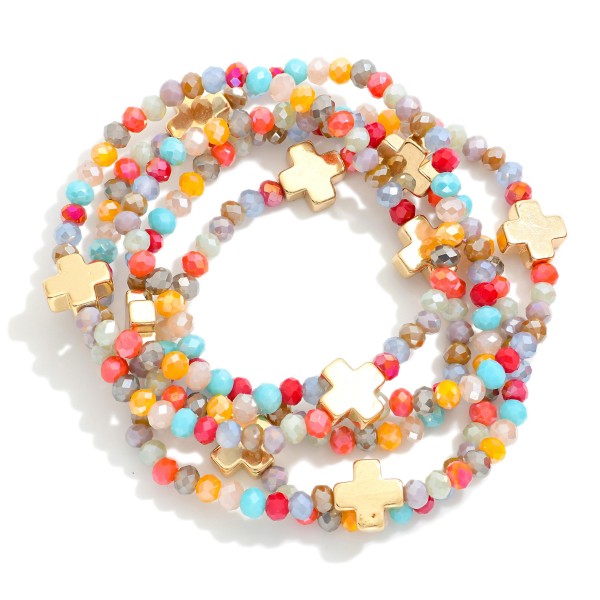 Wholesale set Five Faceted Glass Bead Stretch Bracelets Dainty Metal Gold Cross