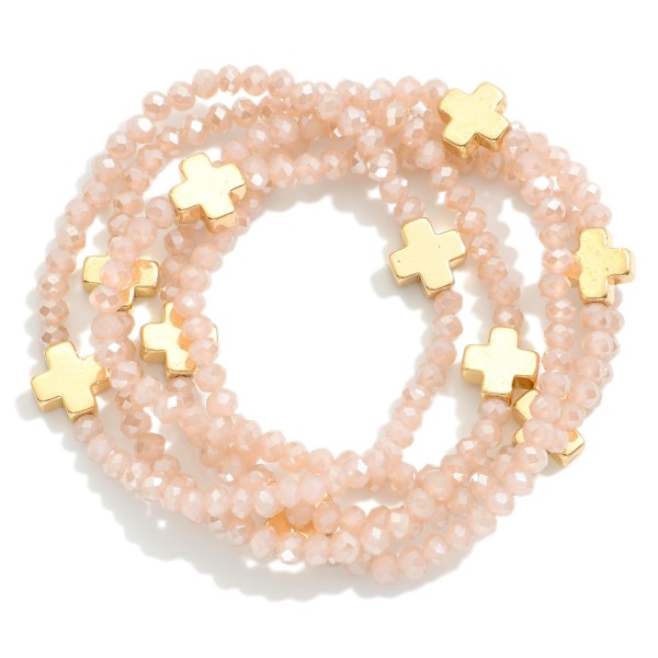 Wholesale set Five Faceted Glass Bead Stretch Bracelets Dainty Metal Gold Cross