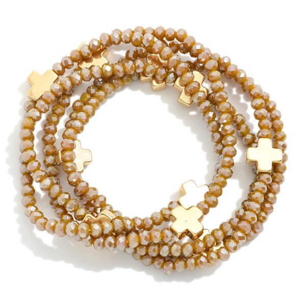 Wholesale set Five Faceted Glass Bead Stretch Bracelets Dainty Metal Gold Cross