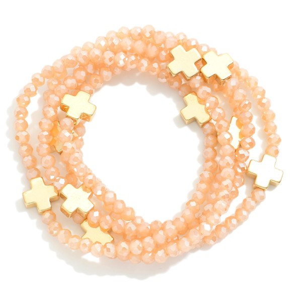 Wholesale set Five Faceted Glass Bead Stretch Bracelets Dainty Metal Gold Cross