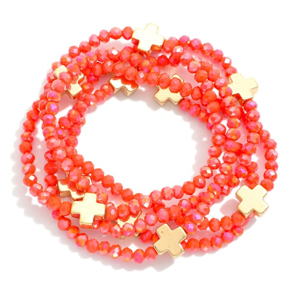 Wholesale set Five Faceted Glass Bead Stretch Bracelets Dainty Metal Gold Cross