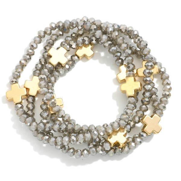 Wholesale set Five Faceted Glass Bead Stretch Bracelets Dainty Metal Gold Cross