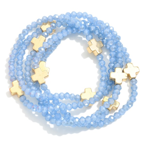 Set of Five Faceted Glass Bead Stretch Bracelets Featuring Dainty Metal Gold Tone Cross Beads

- Approximately 2.5" D