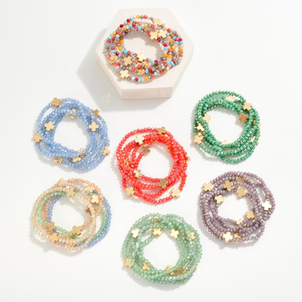 Set of Five Faceted Glass Bead Stretch Bracelets Featuring Dainty Metal Gold Tone Cross Beads
- Approximately 2.5" D