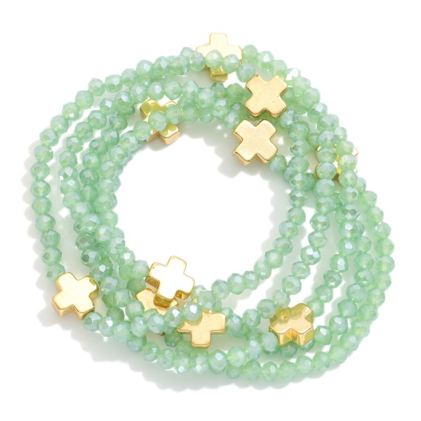 Set of Five Faceted Glass Bead Stretch Bracelets Featuring Dainty Metal Gold Tone Cross Beads

- Approximately 2.5" D