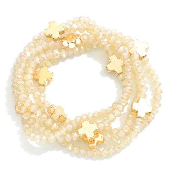 Wholesale set Five Faceted Glass Bead Stretch Bracelets Dainty Metal Gold Cross