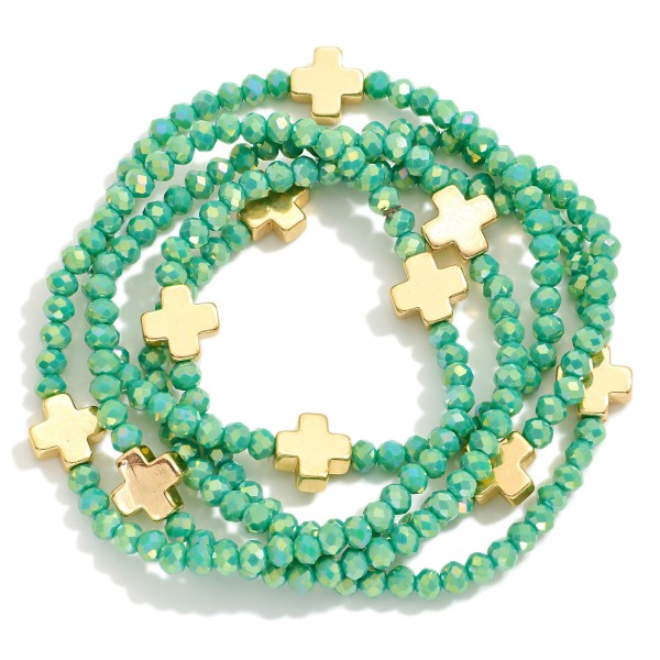 Set of Five Faceted Glass Bead Stretch Bracelets Featuring Dainty Metal Gold Tone Cross Beads

- Approximately 2.5" D