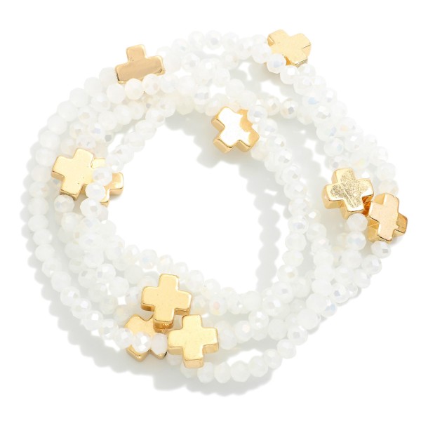 Wholesale set Five Faceted Glass Bead Stretch Bracelets Dainty Metal Gold Cross