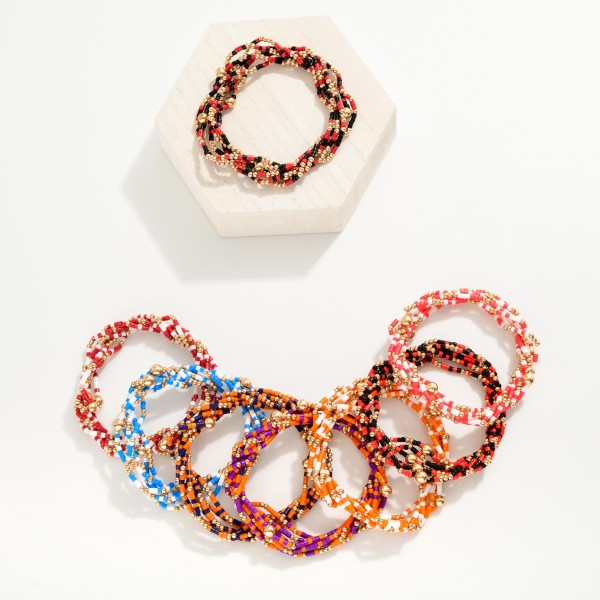 Set of Six Game Day Beaded Stretch Bracelets With Gold Tone Bead Accents
- Approximately 2.5" D