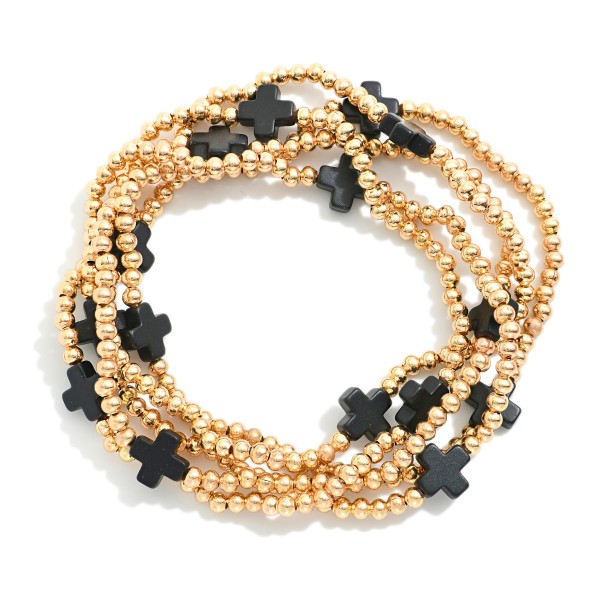 Wholesale set Five Gold Beaded Stretch Bracelets Criss Cross Bead Stations D