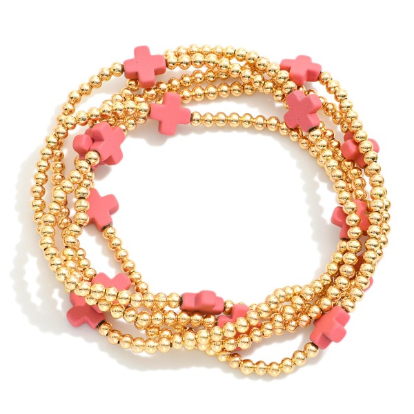 Wholesale set Five Gold Beaded Stretch Bracelets Criss Cross Bead Stations D
