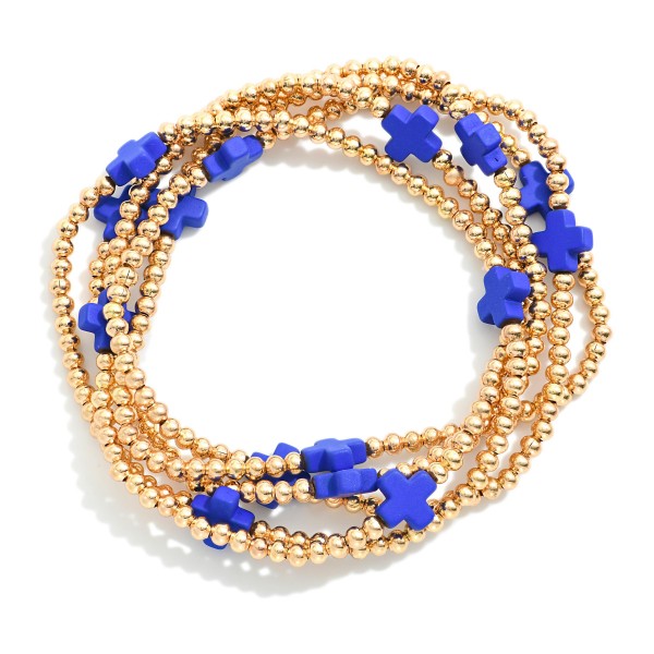 Wholesale set Five Gold Beaded Stretch Bracelets Criss Cross Bead Stations D