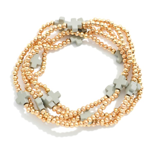 Wholesale set Five Gold Beaded Stretch Bracelets Criss Cross Bead Stations D