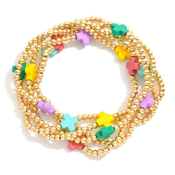 Wholesale set Five Gold Beaded Stretch Bracelets Criss Cross Bead Stations D