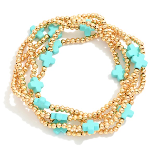 Wholesale set Five Gold Beaded Stretch Bracelets Criss Cross Bead Stations D