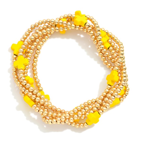 Wholesale set Five Gold Beaded Stretch Bracelets Criss Cross Bead Stations D