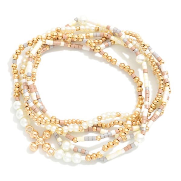 Set of Six Seed Bead and Metal Tone Bead Stretch Bracelets Featuring Dainty Metal Tone Beaded Cross Charm
- Approximately 2.5" D