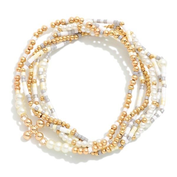 Wholesale set Six Seed Bead Metal Bead Stretch Bracelets Dainty Metal Beaded Cro