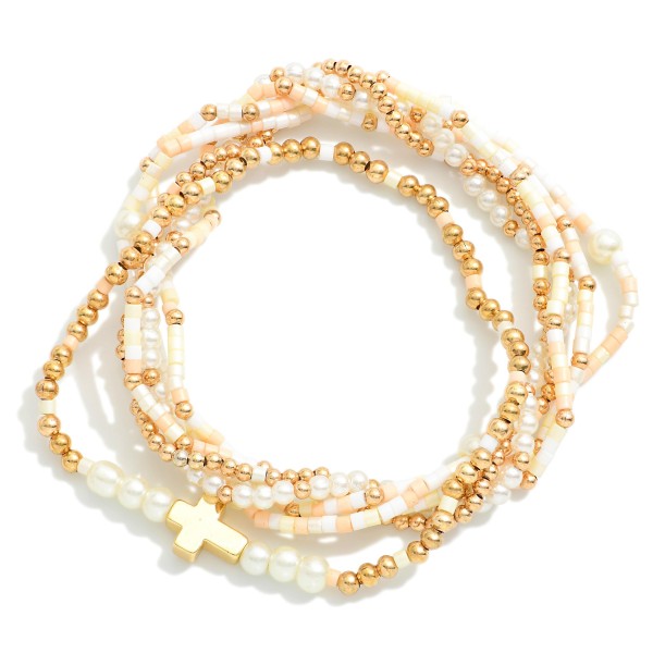Wholesale set Six Seed Bead Pearl Gold Beaded Stretch Bracelets Cross Charm D