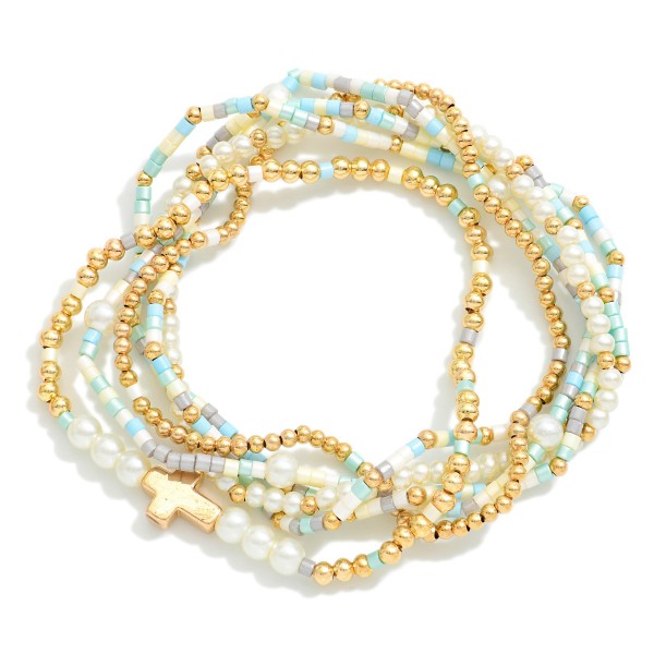 Wholesale set Six Seed Bead Pearl Gold Beaded Stretch Bracelets Cross Charm D